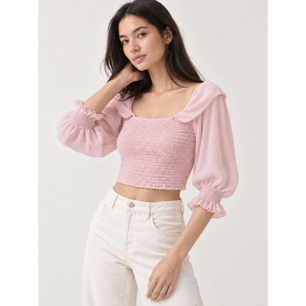 Pink Smocked Crop Top S Chiffon Puff Sleeve Fairycore Coquette Y2K Romantic Top